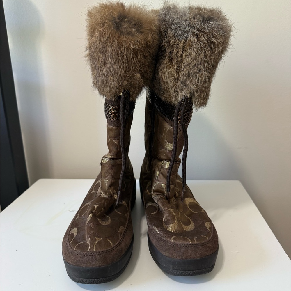 Coach Brown Patterned Fur-Trimmed Boots